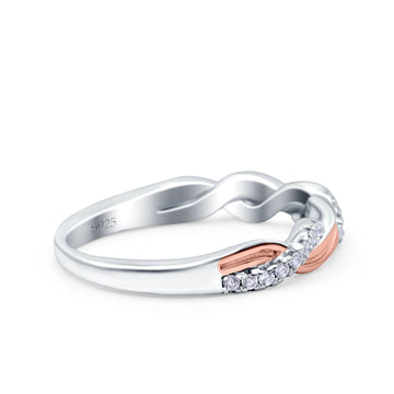 Half Eternity Rope Ring Wedding Band Round Pave Two Tone, Simulated CZ 925 Sterling Silver (4mm)